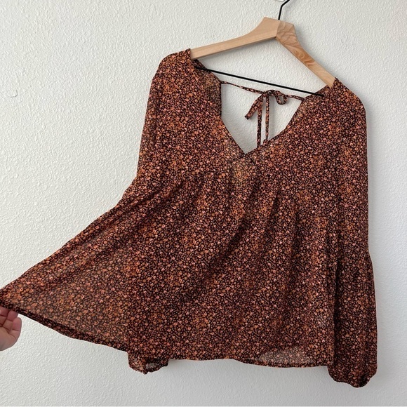 Mossimo Black Orange Micro Floral Flowy Boho Top- Size M - Picture 3 of 11